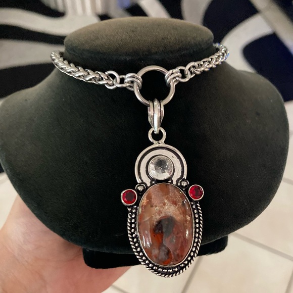 925 sterling silver overlay genuine red jasper stone boho steel chain necklace - Picture 4 of 15